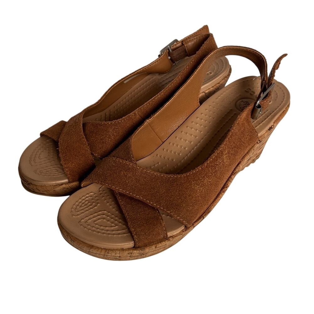 Crocs A-Leigh Slingback Cross Toe Brown Suede Cork Wedge Sandals size 6